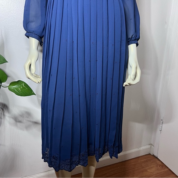 Vintage Ralph Baker Dress Navy Blue Pleated Skirt Chiffon Midi Dres Midi Size 6 - Picture 9 of 16